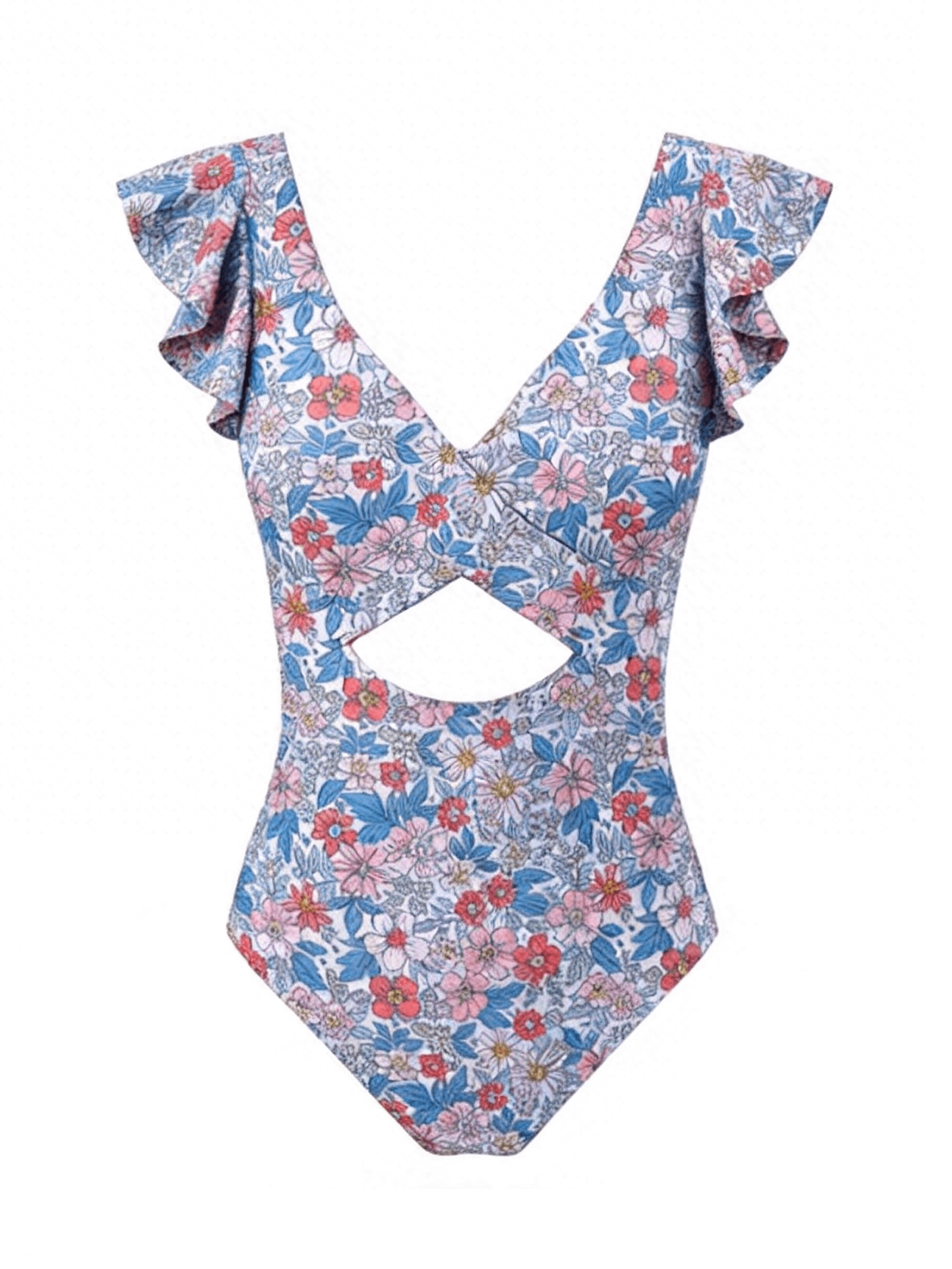 Ruffle Sleeve Cut-Out One Piece Swimsuit