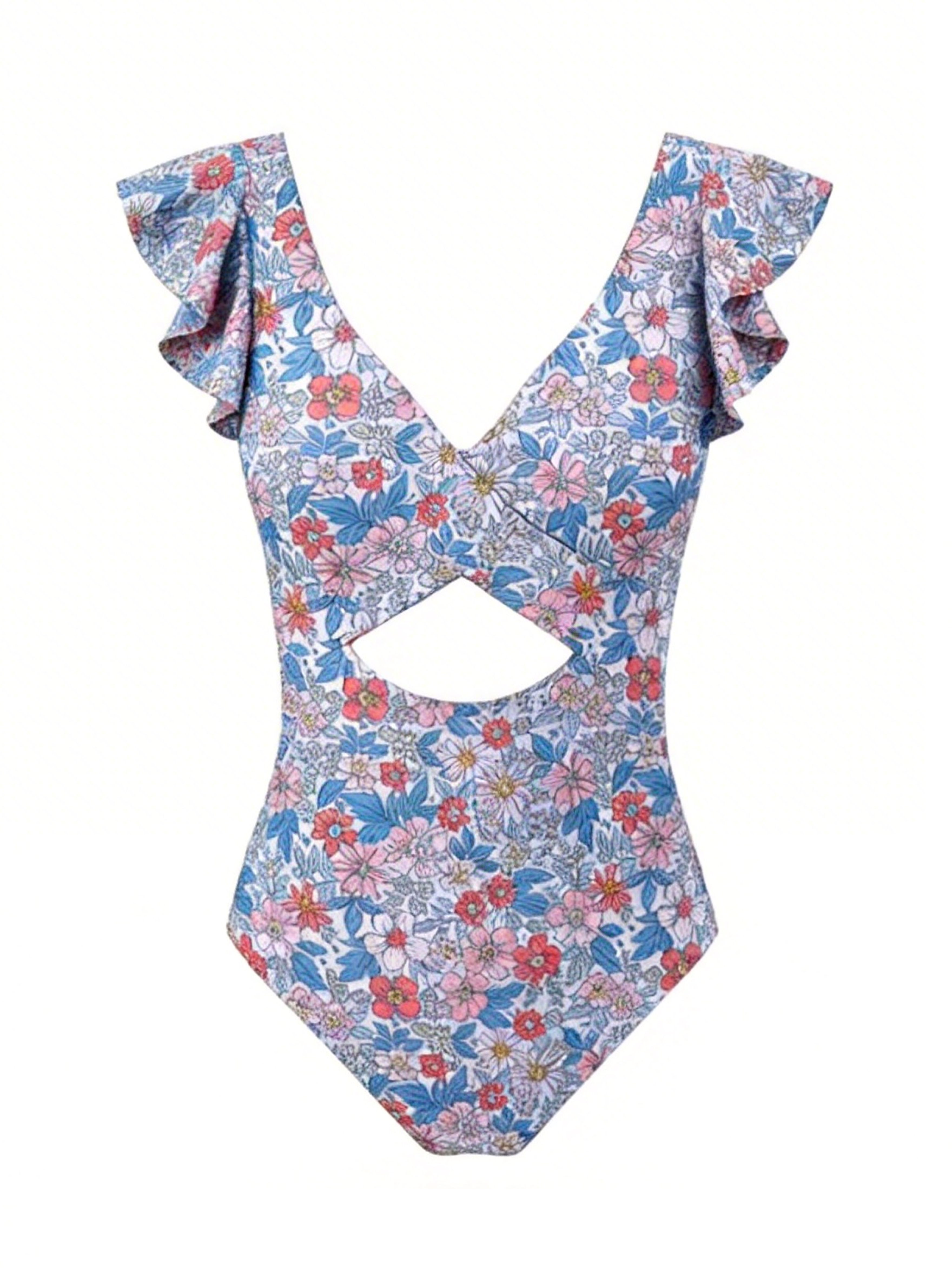 Ruffle Sleeve Cut-Out One Piece Swimsuit