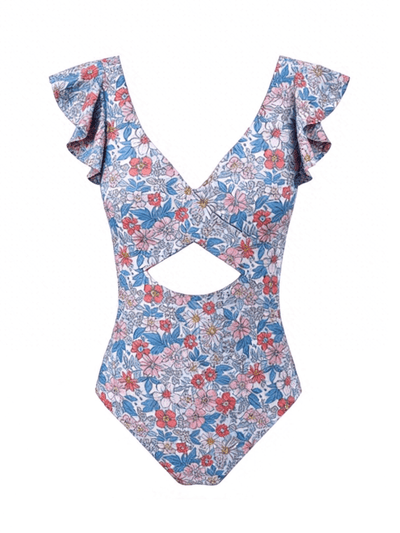 Ruffle Sleeve Cut-Out One Piece Swimsuit