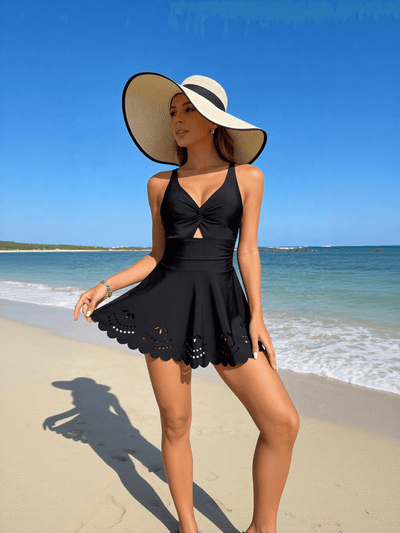 Scalloped Laser-Cut One-piece Swimdress