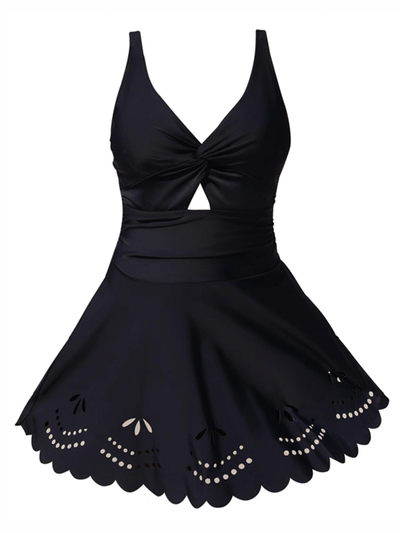 Scalloped Laser-Cut One-piece Swimdress