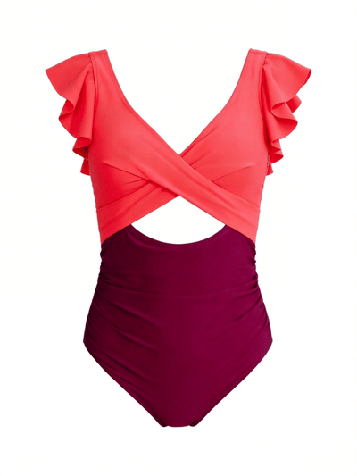 Ruffle Sleeve Cut-Out One Piece Swimsuit