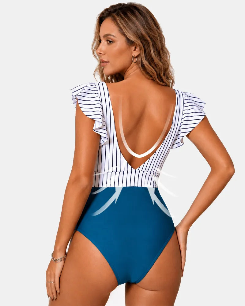 Ruffle Sleeve Cut-Out One Piece Swimsuit